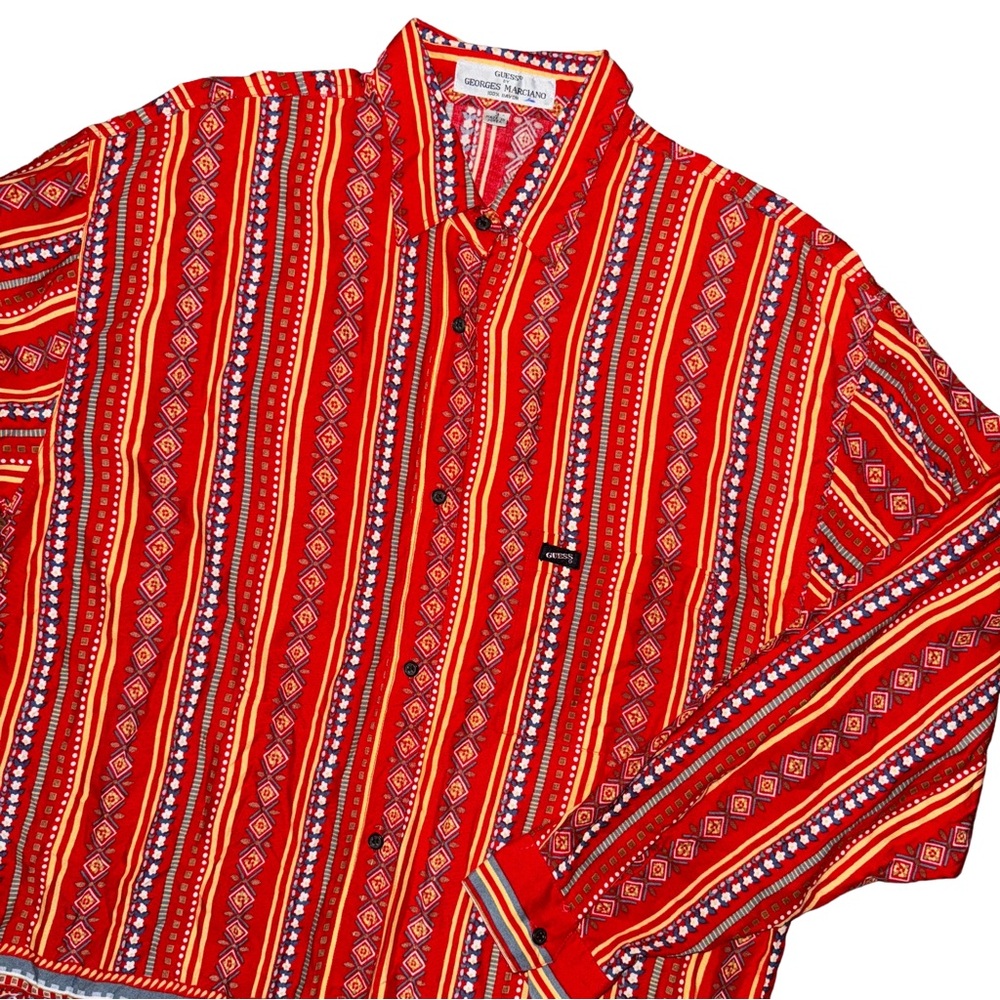 Vintage 80s Guess Red Aztec Southwestern Button Up Shirt Maximalist Dopamine